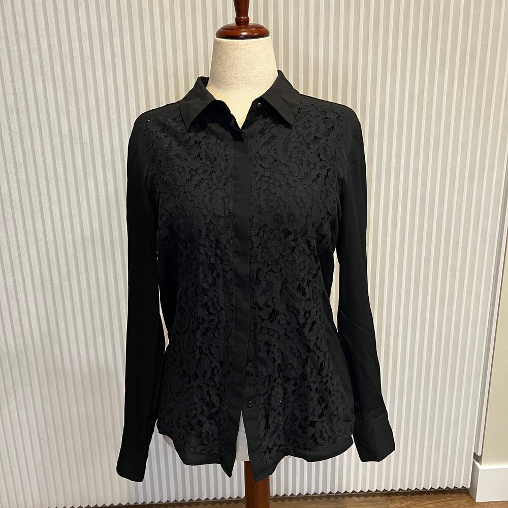 ANTONIO MELANI Women's Lace Detail Button Up Shirt Size L in Black